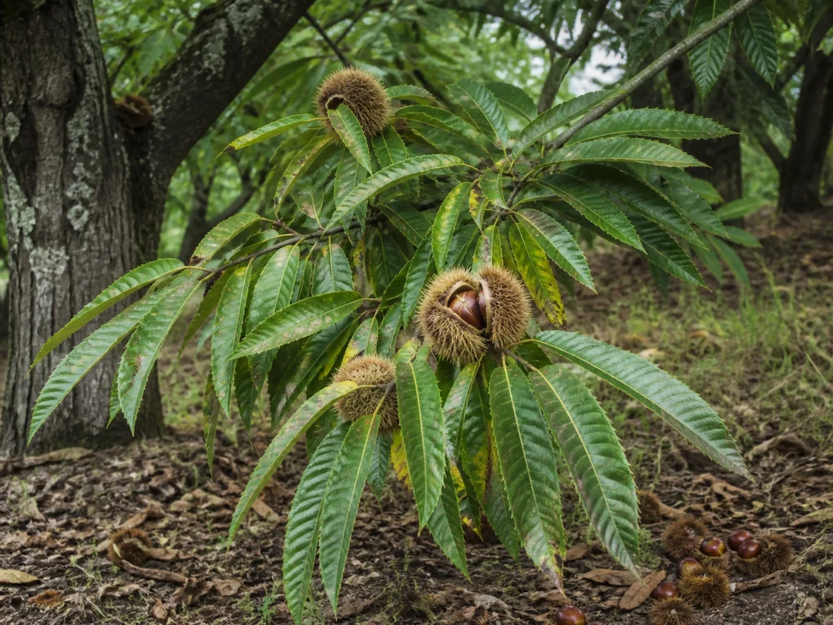 Prancha botânica complementar de Castanheiro ‘Rebordã’ (Castanea sativa Mill. ‘Rebordã’) com caracteres de identificação e ciclo de vida