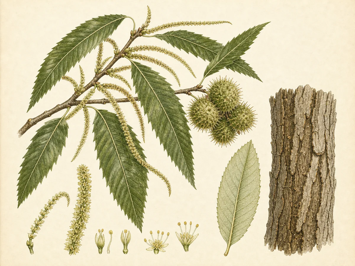 Prancha botânica complementar de Castanheiro ‘Trigueira’ (Castanea sativa Mill. ‘Trigueira’) com caracteres de identificação e ciclo de vida