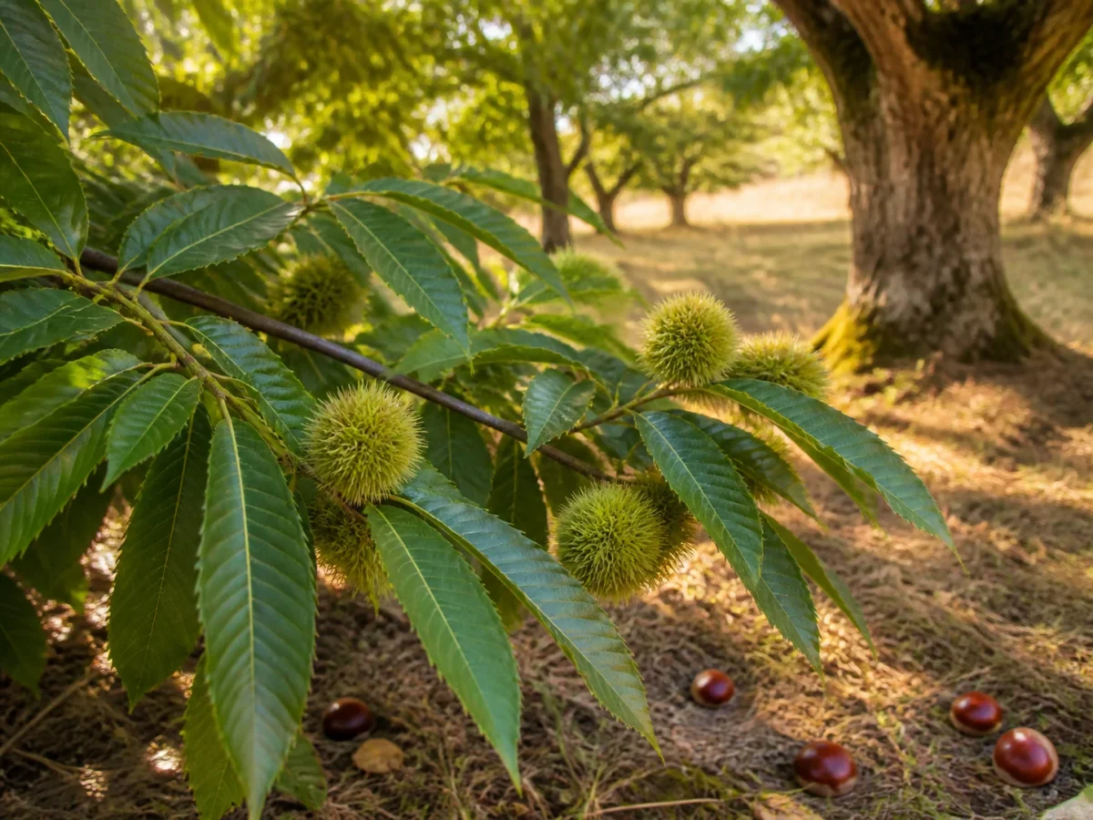 Prancha botânica complementar de Castanheiro ‘Verdeal’ (Castanea sativa Mill. ‘Verdeal’) com caracteres de identificação e ciclo de vida