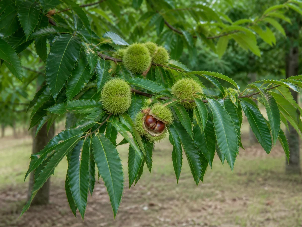 Prancha botânica complementar de Castanheiro ‘Viana’ (Castanea sativa Mill. ‘Viana’) com caracteres de identificação e ciclo de vida