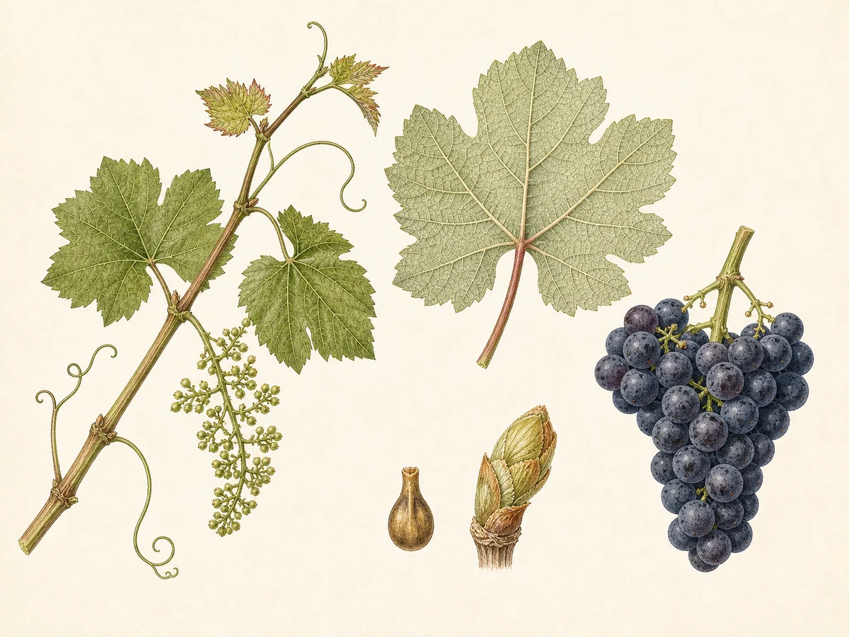 Prancha botânica complementar de Videira Castelão (Vitis vinifera 'Castelão') com caracteres de identificação e ciclo de vida