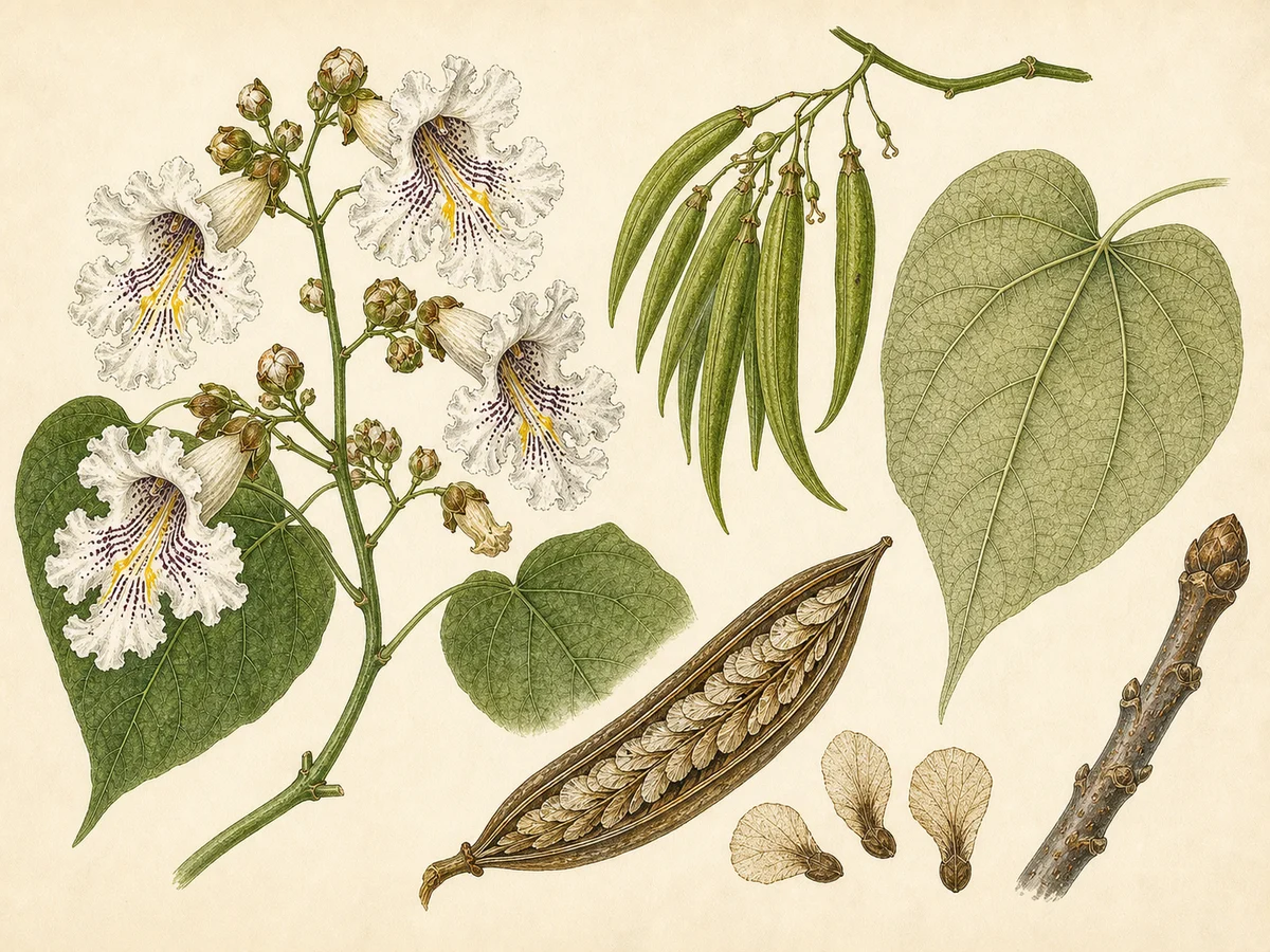 Prancha botânica complementar de Catalpa-comum (Catalpa bignonioides) com caracteres de identificação e ciclo de vida