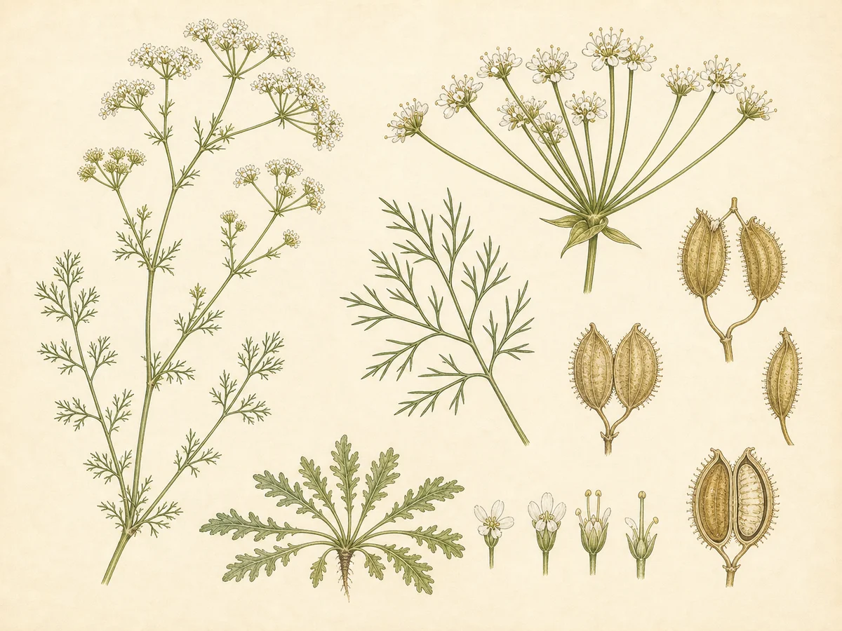 Prancha botânica complementar de Caucalis-dos-campos (Caucalis platycarpos) com caracteres de identificação e ciclo de vida
