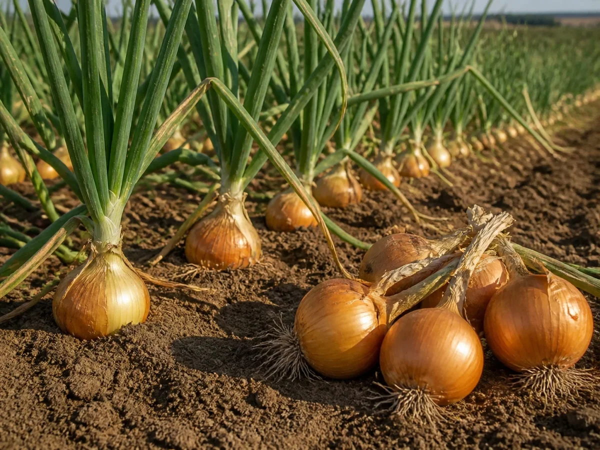 Prancha botânica complementar de Cebola Setúbal Portuguesa (Allium cepa 'Setúbal Portuguesa') com caracteres de identificação e ciclo de vida