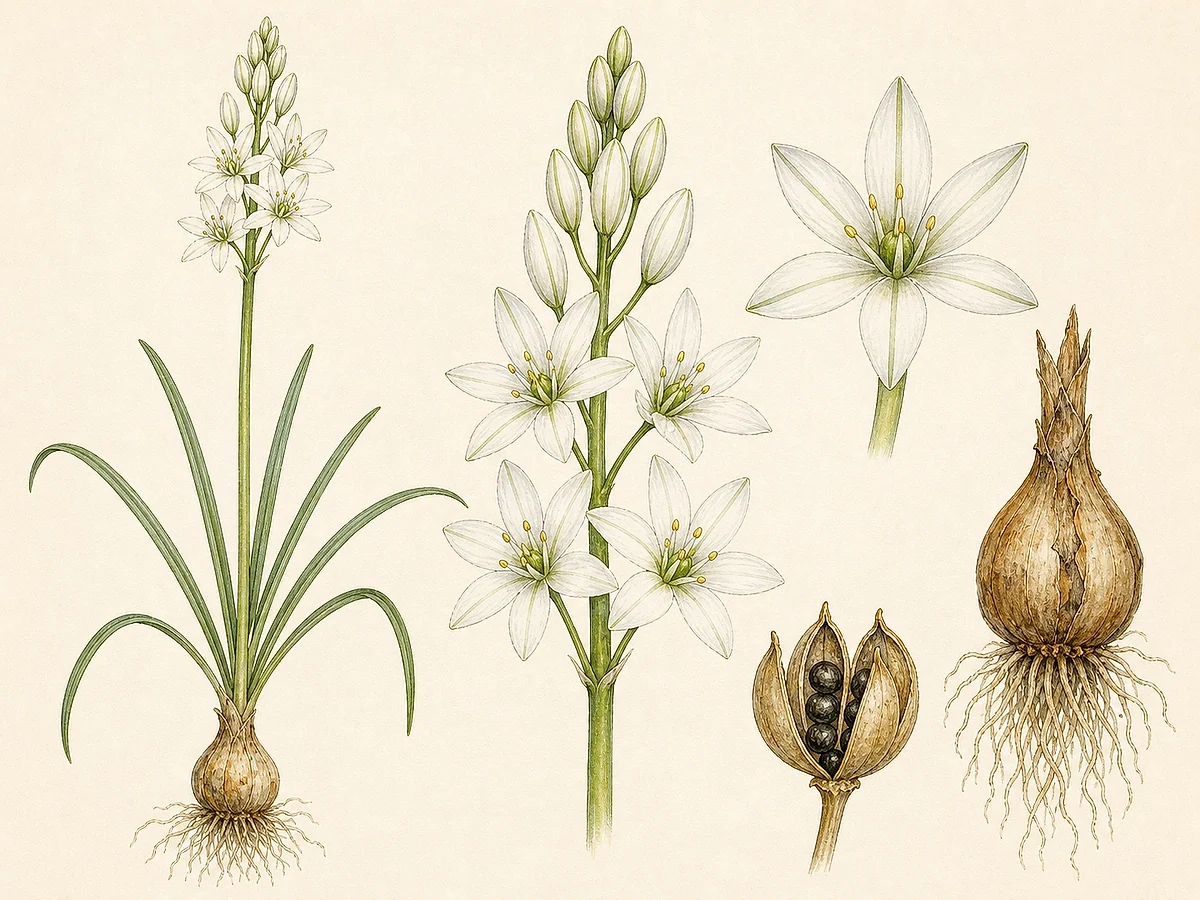 Prancha botânica complementar de Cebolinho-arvense (Ornithogalum narbonense) com caracteres de identificação e ciclo de vida