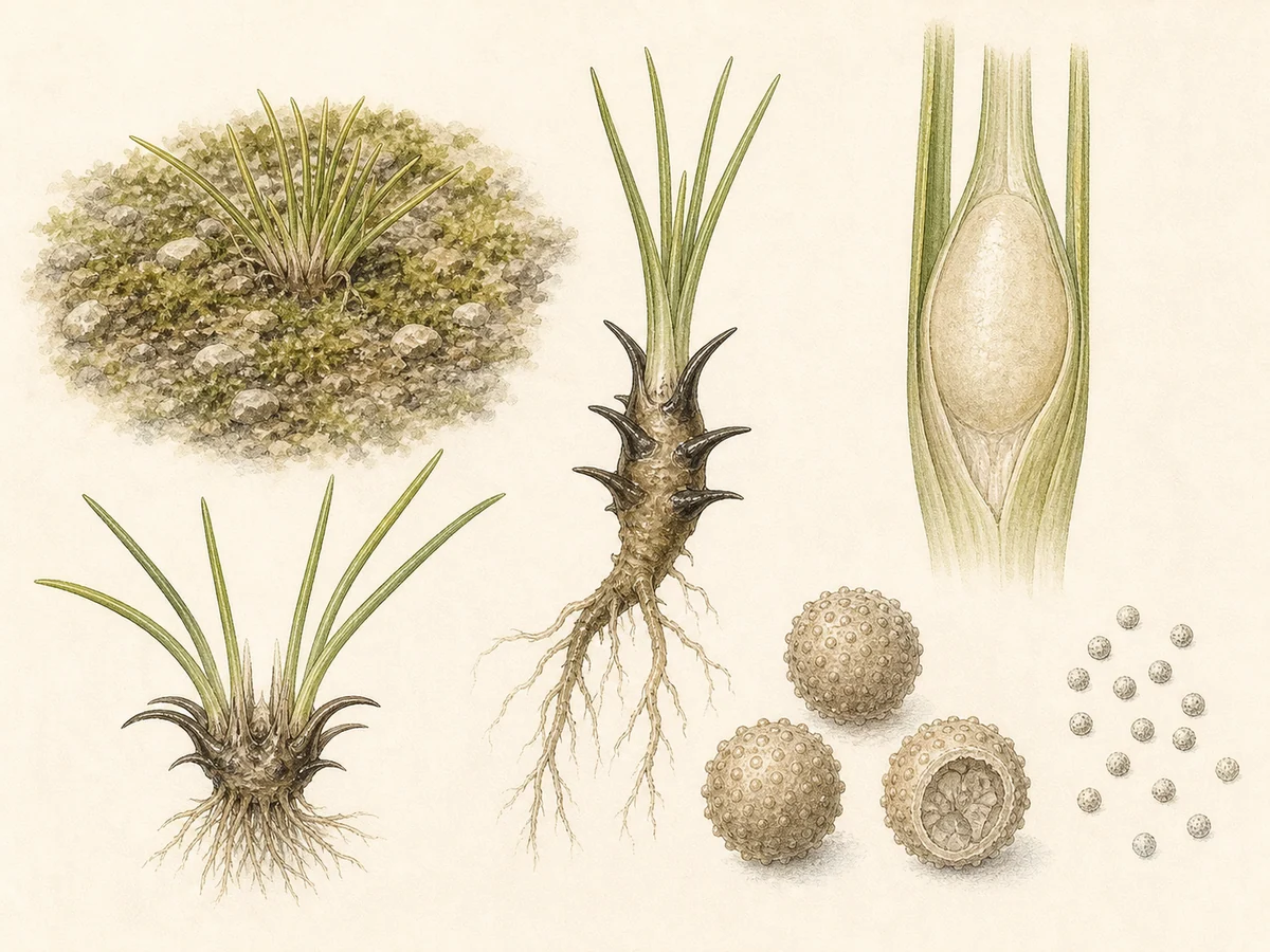 Prancha botânica complementar de Cebolinho-dos-charcos-eriçado (Isoetes histrix) com caracteres de identificação e ciclo de vida