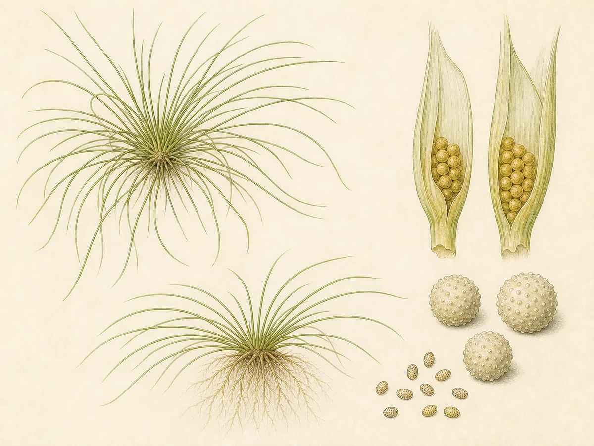 Prancha botânica complementar de Cebolinho-dos-charcos-ibérico (Isoetes setaceum) com caracteres de identificação e ciclo de vida