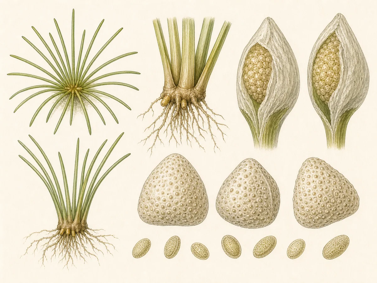 Prancha botânica complementar de Cebolinho-dos-charcos-velado (Isoetes velatum subsp. velatum) com caracteres de identificação e ciclo de vida