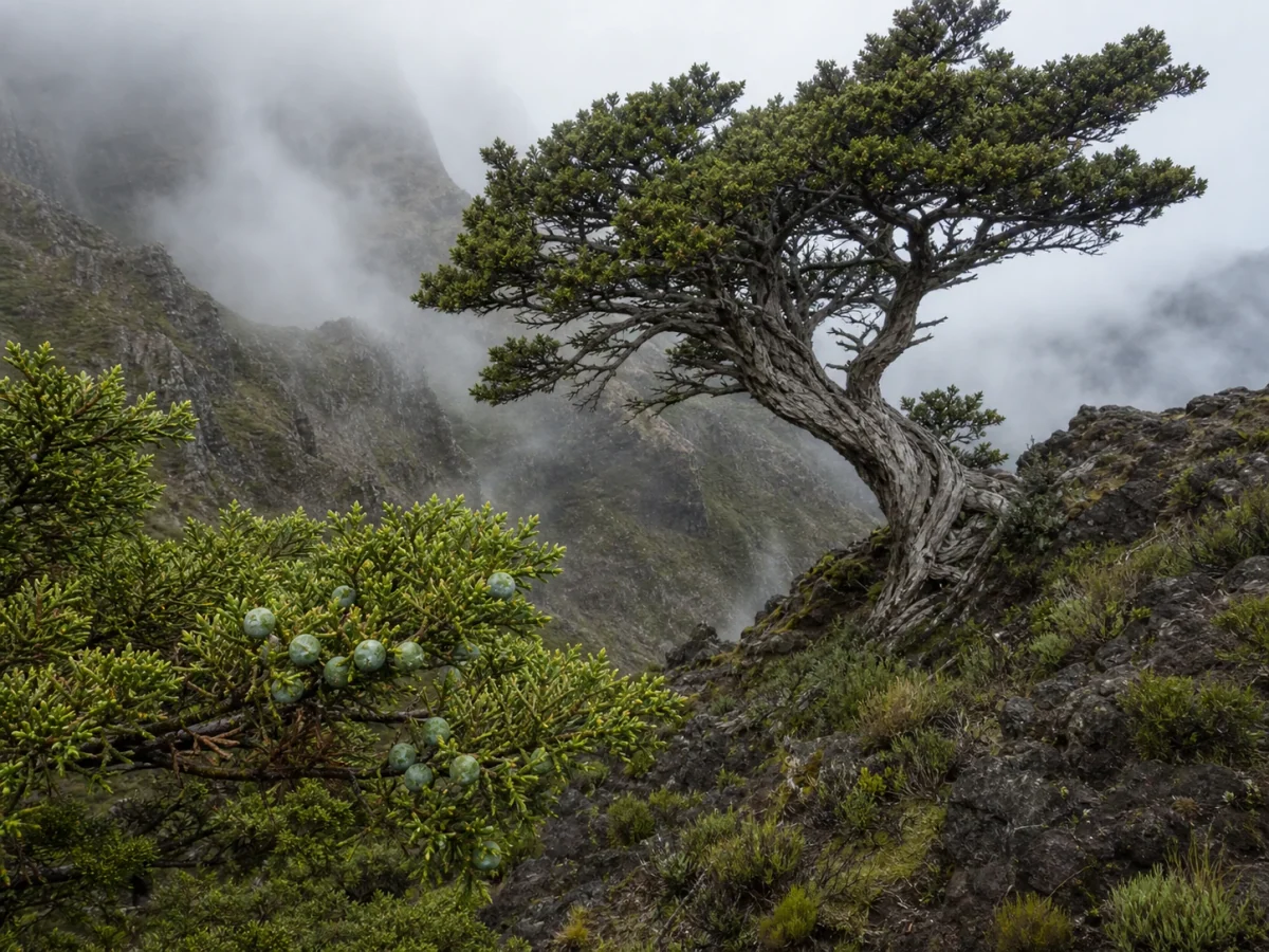 Prancha botânica complementar de Cedro-da-Madeira (Juniperus cedrus) com caracteres de identificação e ciclo de vida