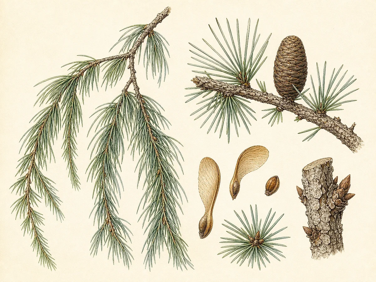Prancha botânica complementar de Cedro-do-Himalaia (Cedrus deodara) com caracteres de identificação e ciclo de vida