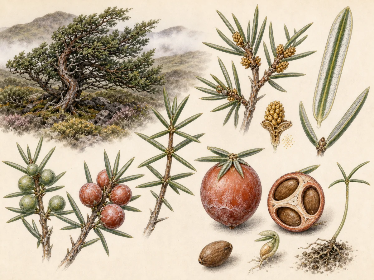 Prancha botânica complementar de Cedro-do-mato dos Açores (Juniperus brevifolia) com caracteres de identificação e ciclo de vida