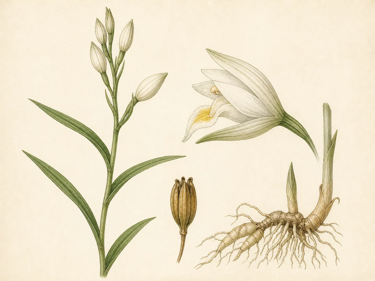 Prancha botânica complementar de Cefalanteira-de-folhas-longas (Cephalanthera longifolia) com caracteres de identificação e ciclo de vida