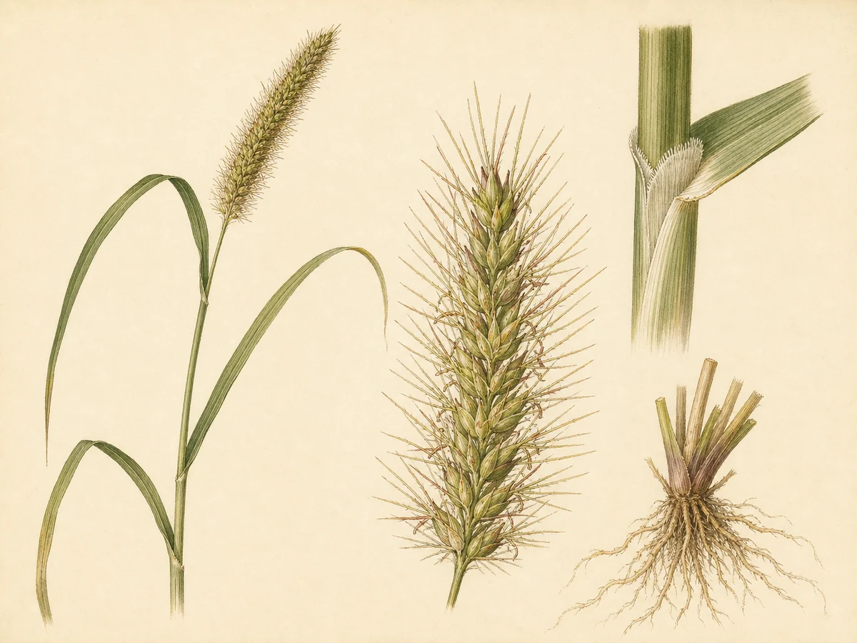 Prancha botânica complementar de Cenchrus ciliaris — não plantar na Madeira (Cenchrus ciliaris) com caracteres de identificação e ciclo de vida