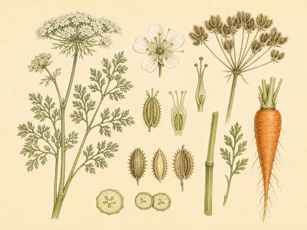 Prancha botânica complementar de Cenoura (Daucus carota subsp. sativus) com caracteres de identificação e ciclo de vida