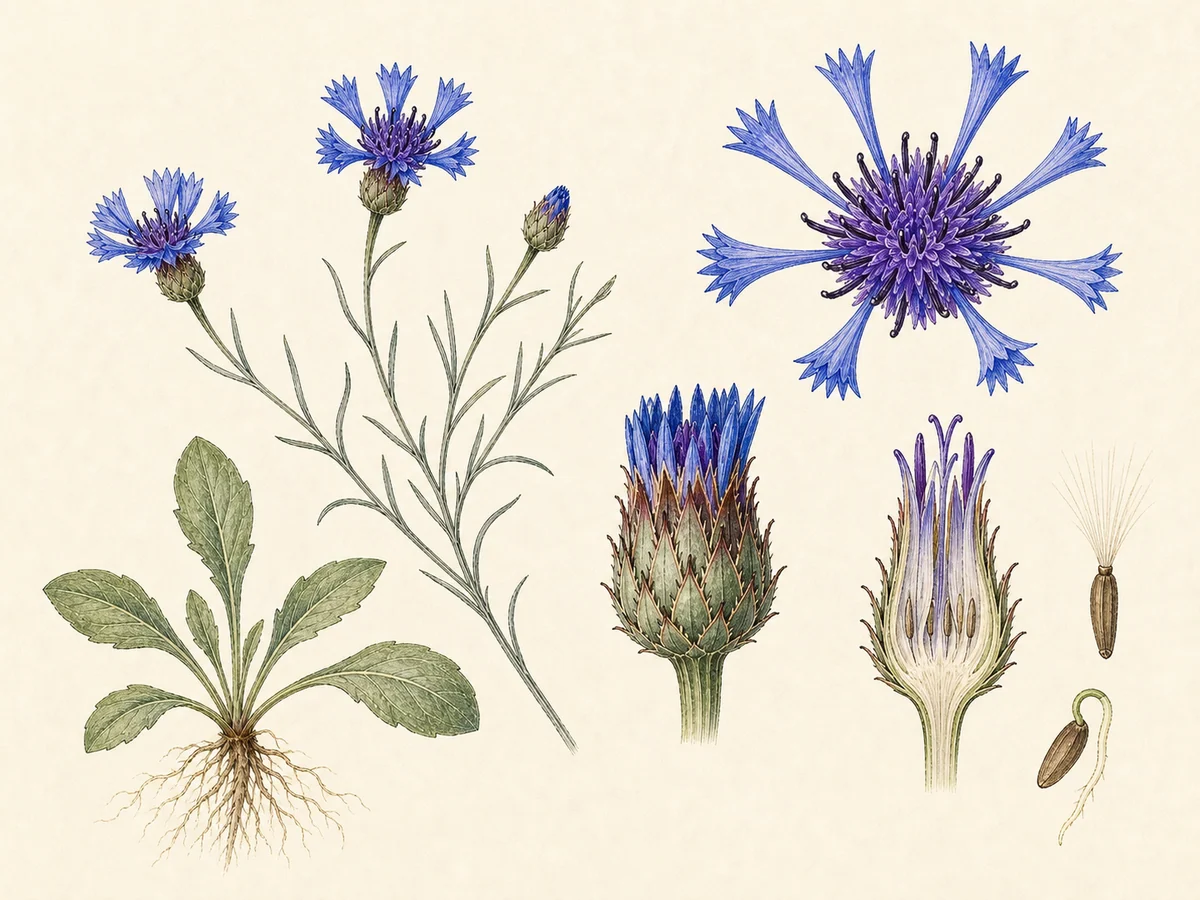 Prancha botânica complementar de Centáurea-azul (Centaurea cyanus) com caracteres de identificação e ciclo de vida