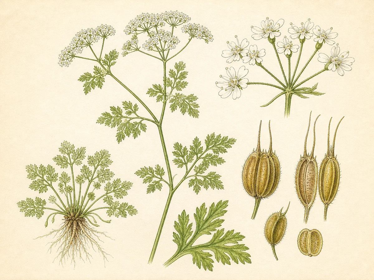 Prancha botânica complementar de Cerefólio (Anthriscus cerefolium) com caracteres de identificação e ciclo de vida