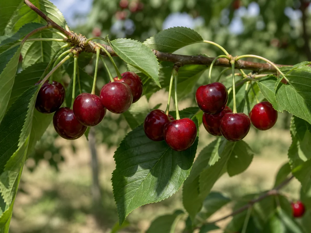 Prancha botânica complementar de Cerejeira ‘De Saco’ (Prunus avium (L.) L. ‘De Saco’) com caracteres de identificação e ciclo de vida