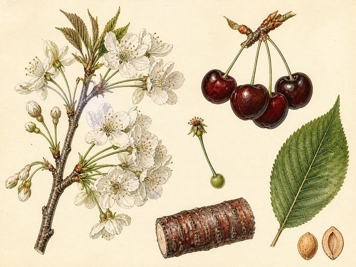 Prancha botânica complementar de Cerejeira ‘Francesa Alenquer’ (Prunus avium (L.) L. ‘Francesa Alenquer’) com caracteres de identificação e ciclo de vida
