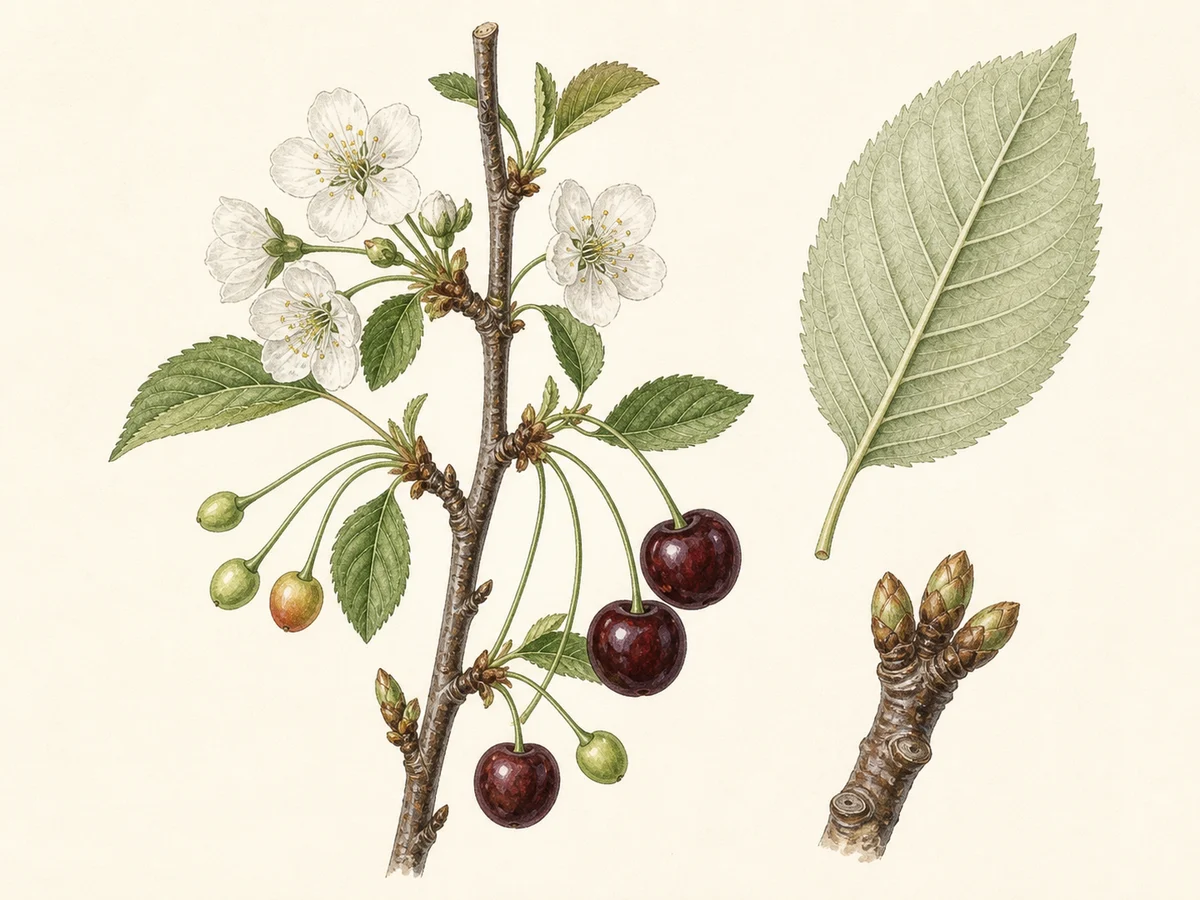 Prancha botânica complementar de Cerejeira ‘Lisboeta’ (Prunus avium (L.) L. ‘Lisboeta’) com caracteres de identificação e ciclo de vida
