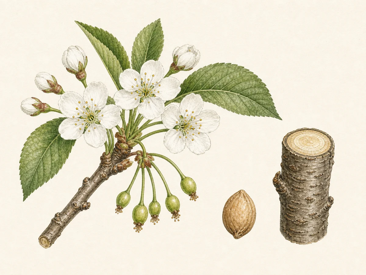 Prancha botânica complementar de Cerejeira ‘Maringa’ (Prunus avium (L.) L. ‘Maringa’) com caracteres de identificação e ciclo de vida