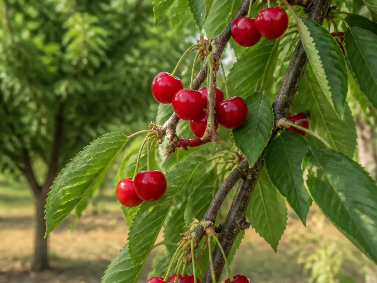 Prancha botânica complementar de Cerejeira ‘Miúda’ (Prunus avium (L.) L. ‘Miúda’) com caracteres de identificação e ciclo de vida