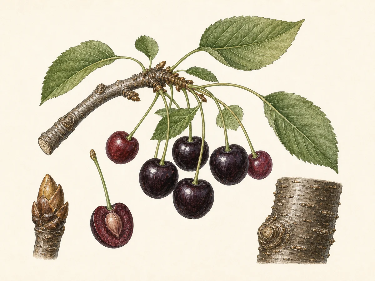 Prancha botânica complementar de Cerejeira ‘Preta Miúda’ (Prunus avium (L.) L. ‘Preta Miúda’) com caracteres de identificação e ciclo de vida