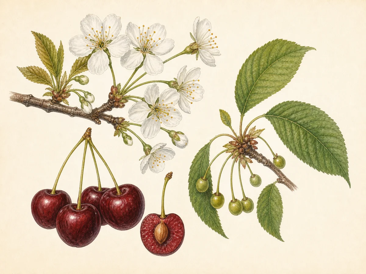Prancha botânica complementar de Cerejeira ‘Távora’ (Prunus avium (L.) L. ‘Távora’) com caracteres de identificação e ciclo de vida