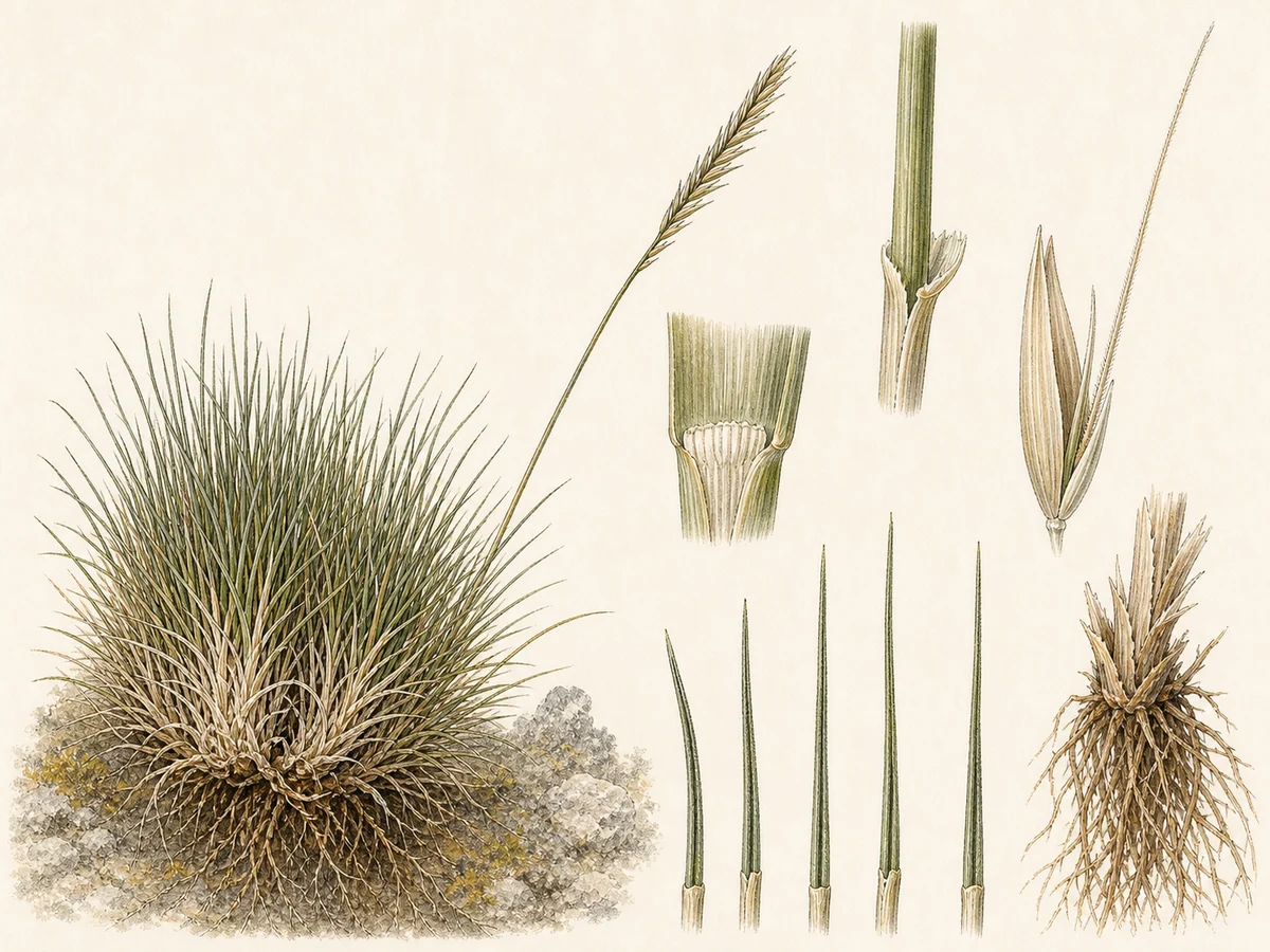 Prancha botânica complementar de Cervum (Nardus stricta) com caracteres de identificação e ciclo de vida