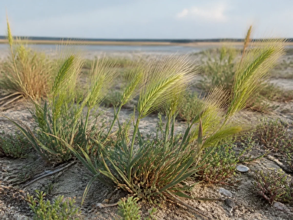 Prancha botânica complementar de Cevada-marítima (Hordeum marinum subsp. marinum) com caracteres de identificação e ciclo de vida