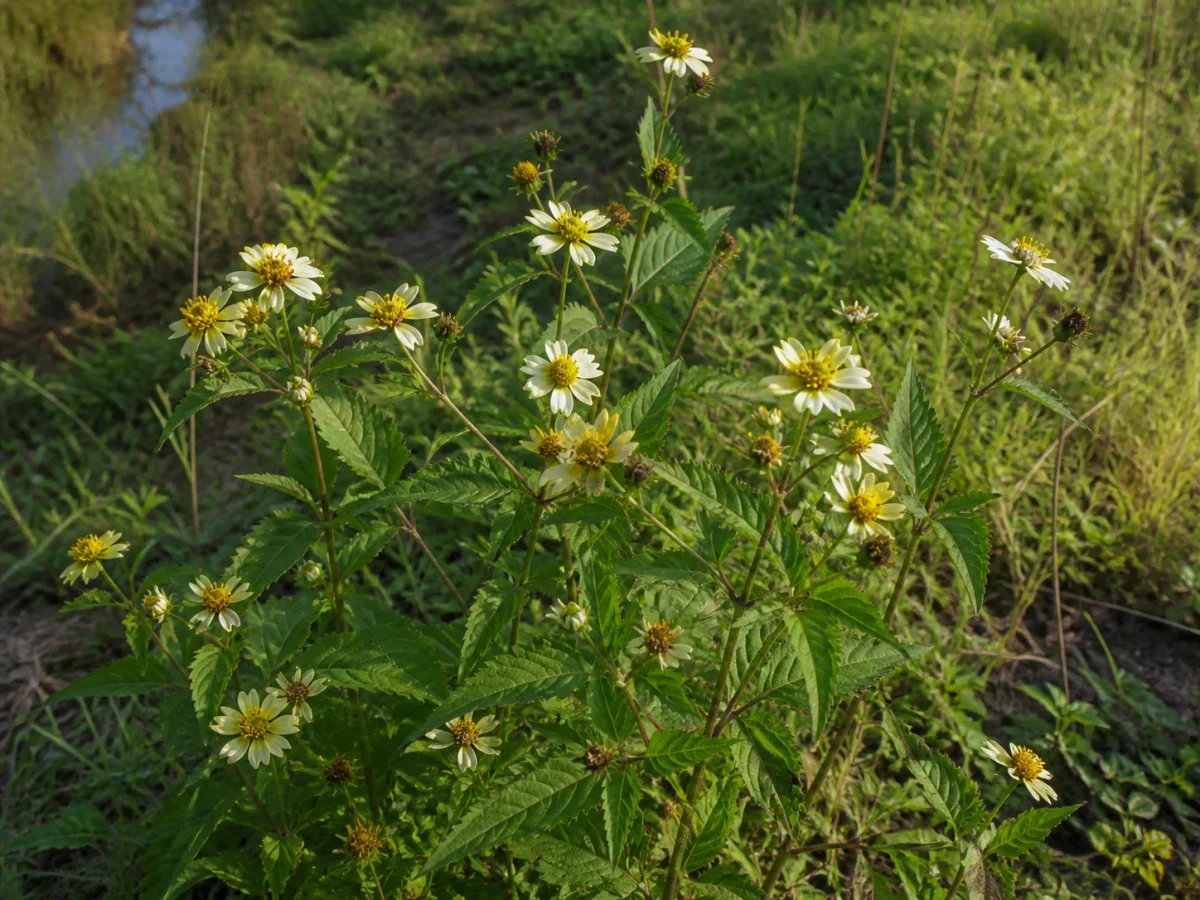 Prancha botânica complementar de Chá-de-marrocos — não plantar (Bidens aurea) com caracteres de identificação e ciclo de vida