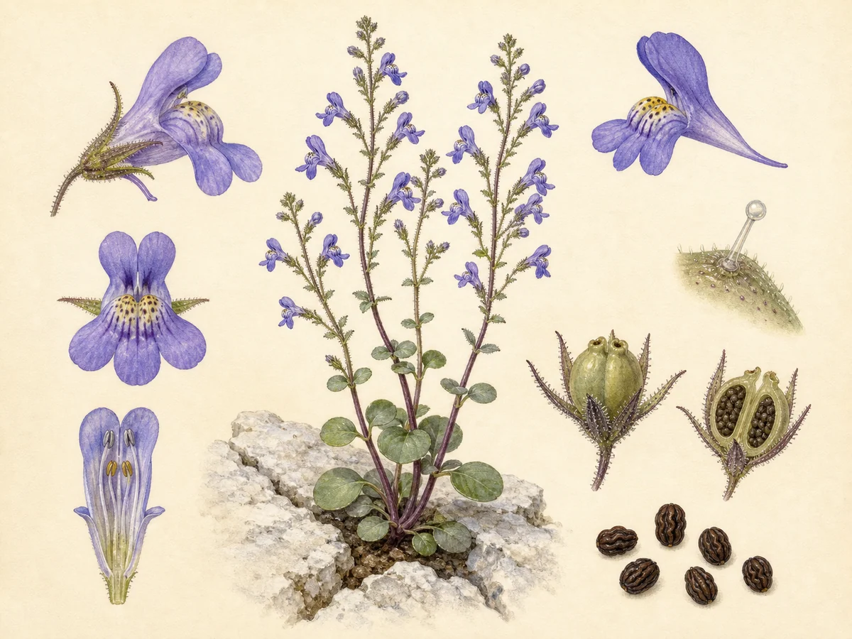 Prancha botânica complementar de Chaenorrino-das-rochas (Chaenorhinum origanifolium subsp. origanifolium) com caracteres de identificação e ciclo de vida