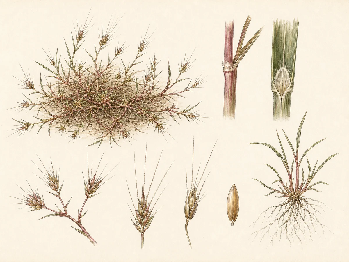 Prancha botânica complementar de Chaetopogon-prostrado (Chaetopogon fasciculatus subsp. prostratus) com caracteres de identificação e ciclo de vida