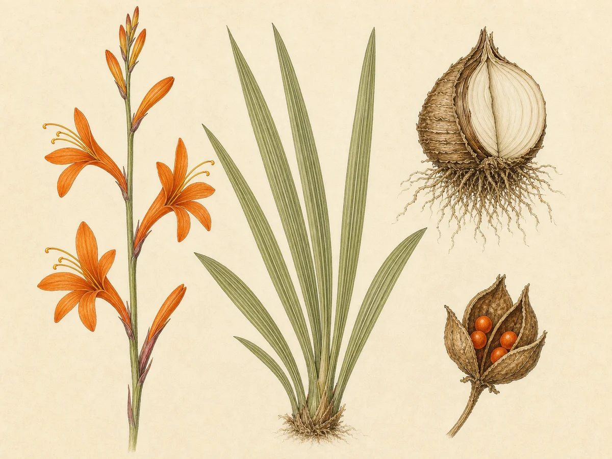 Prancha botânica complementar de Chasmante-pequena — exceção madeirense documentada (Chasmanthe aethiopica) com caracteres de identificação e ciclo de vida