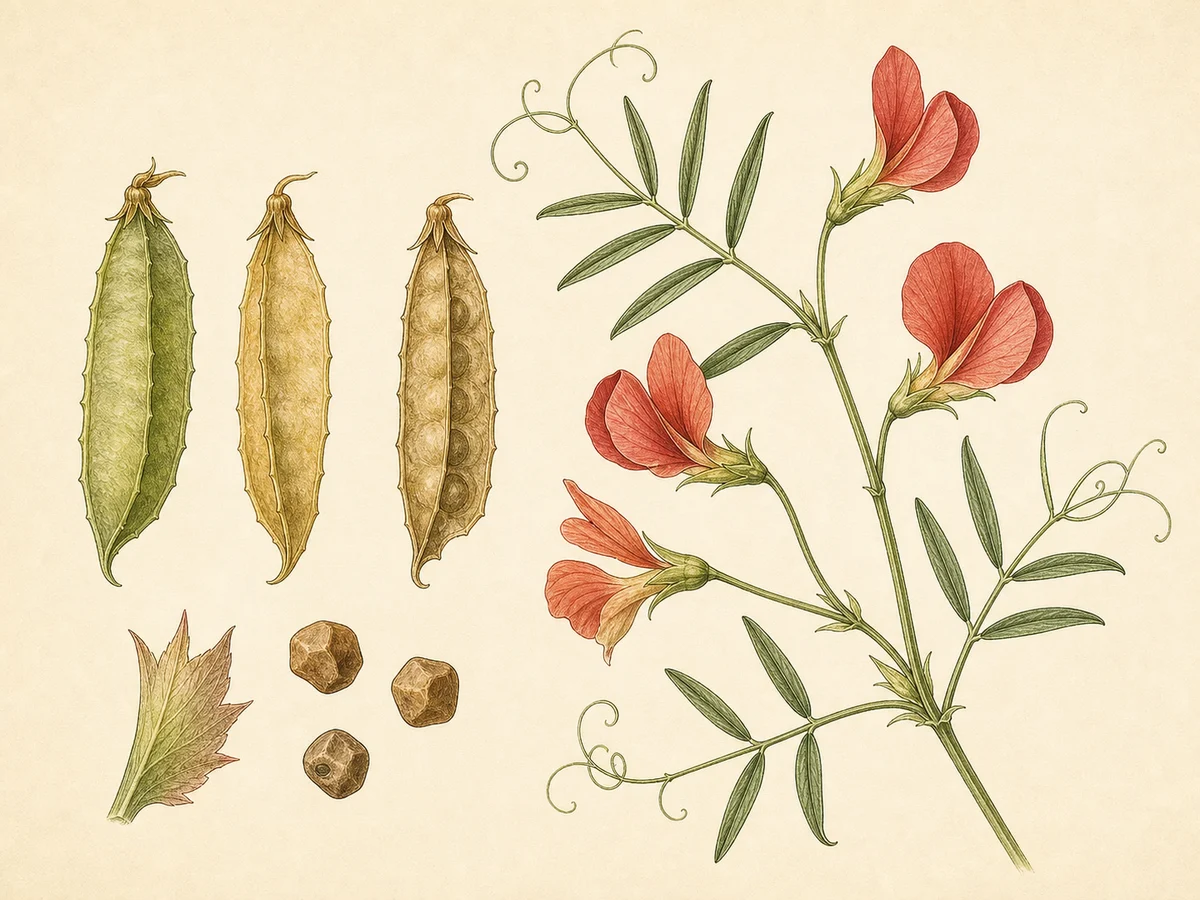 Prancha botânica complementar de Chícharo-bravo (Lathyrus cicera) com caracteres de identificação e ciclo de vida