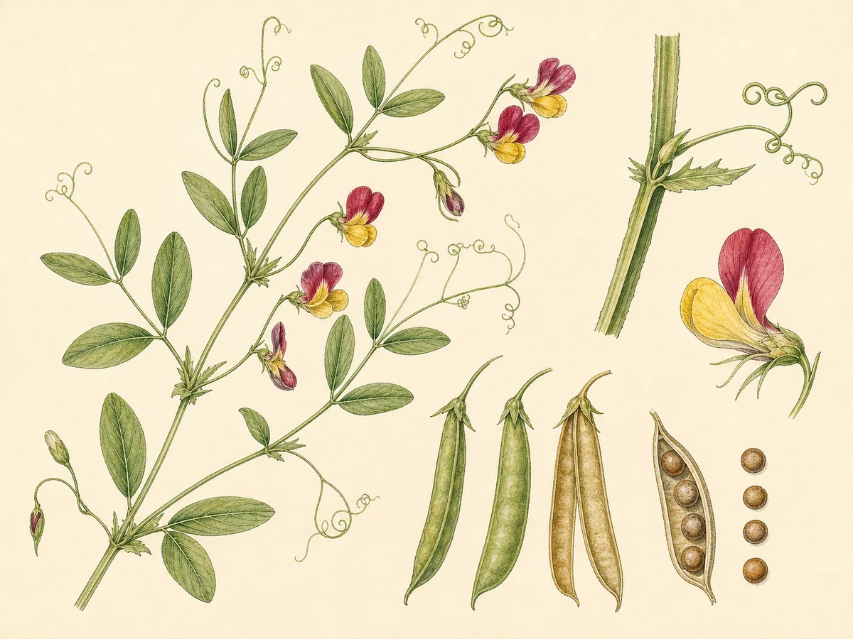 Prancha botânica complementar de Chícharo-das-torres (Lathyrus clymenum) com caracteres de identificação e ciclo de vida