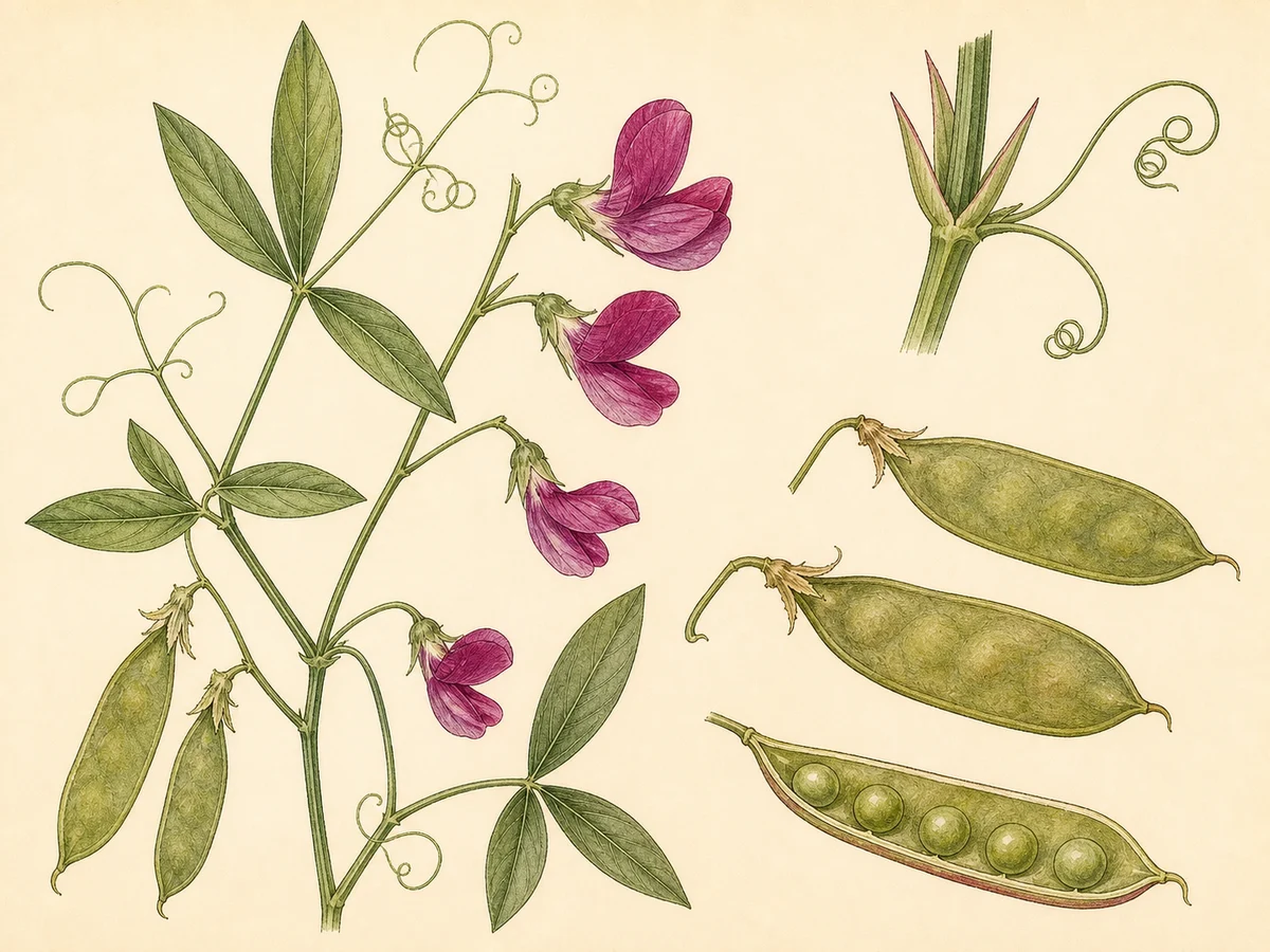 Prancha botânica complementar de Chícharo-dos-Açores (Lathyrus tingitanus) com caracteres de identificação e ciclo de vida