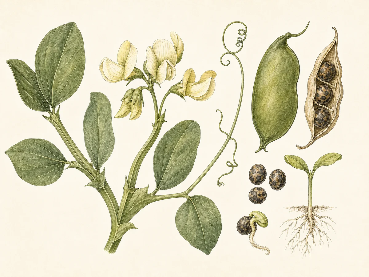 Prancha botânica complementar de Chícharo-preto (Lathyrus ochrus) com caracteres de identificação e ciclo de vida