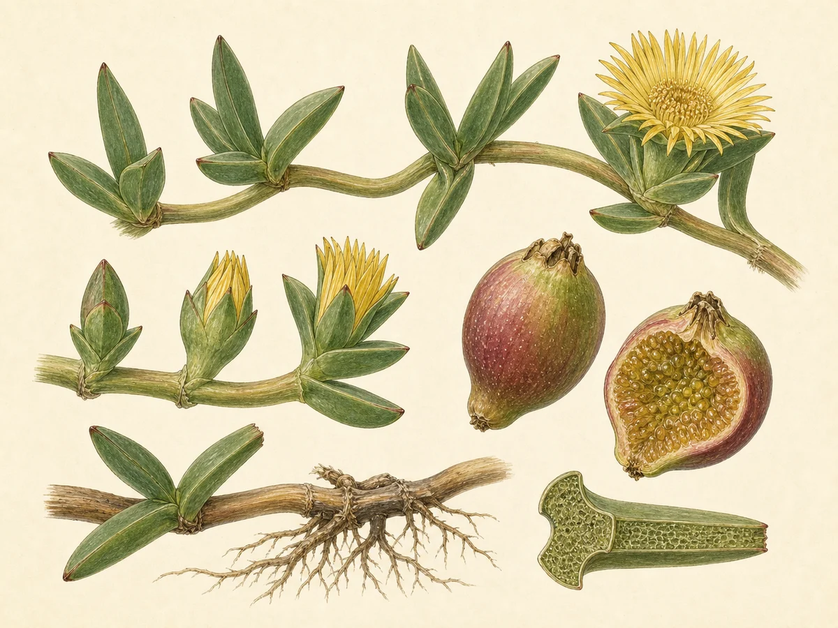 Prancha botânica complementar de Chorão-das-praias — não plantar (Carpobrotus edulis) com caracteres de identificação e ciclo de vida