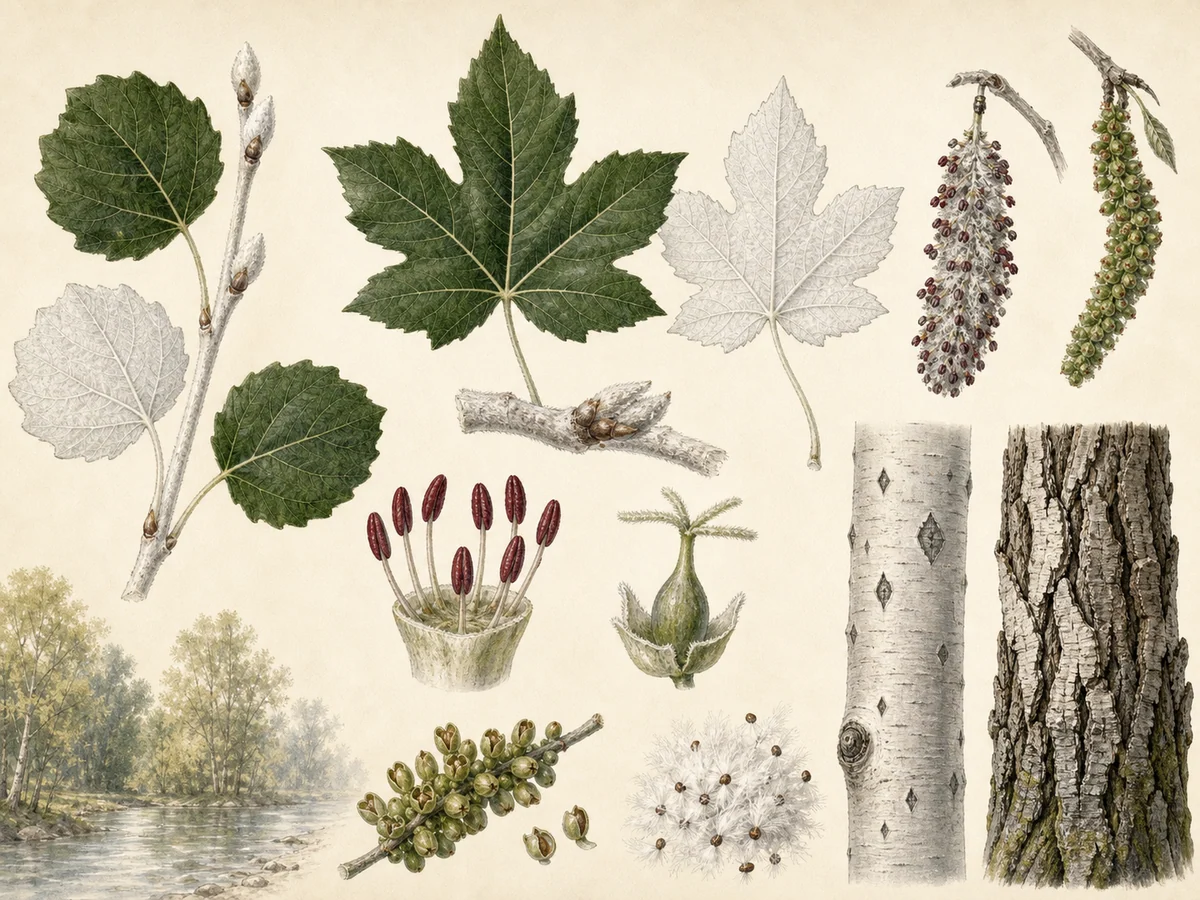 Prancha botânica complementar de Choupo-branco (Populus alba) com caracteres de identificação e ciclo de vida