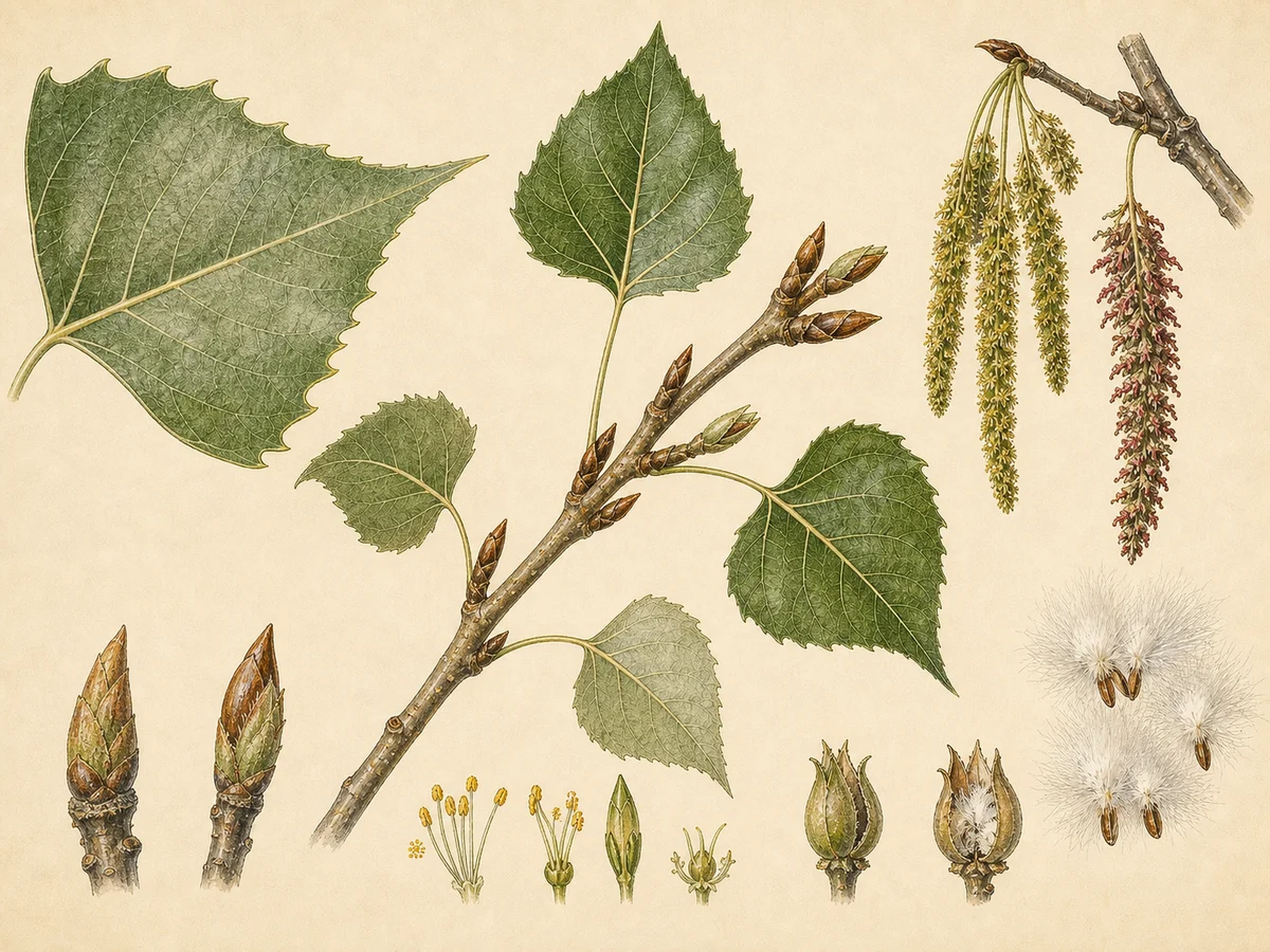 Prancha botânica complementar de Choupo-do-leste (Populus deltoides) com caracteres de identificação e ciclo de vida