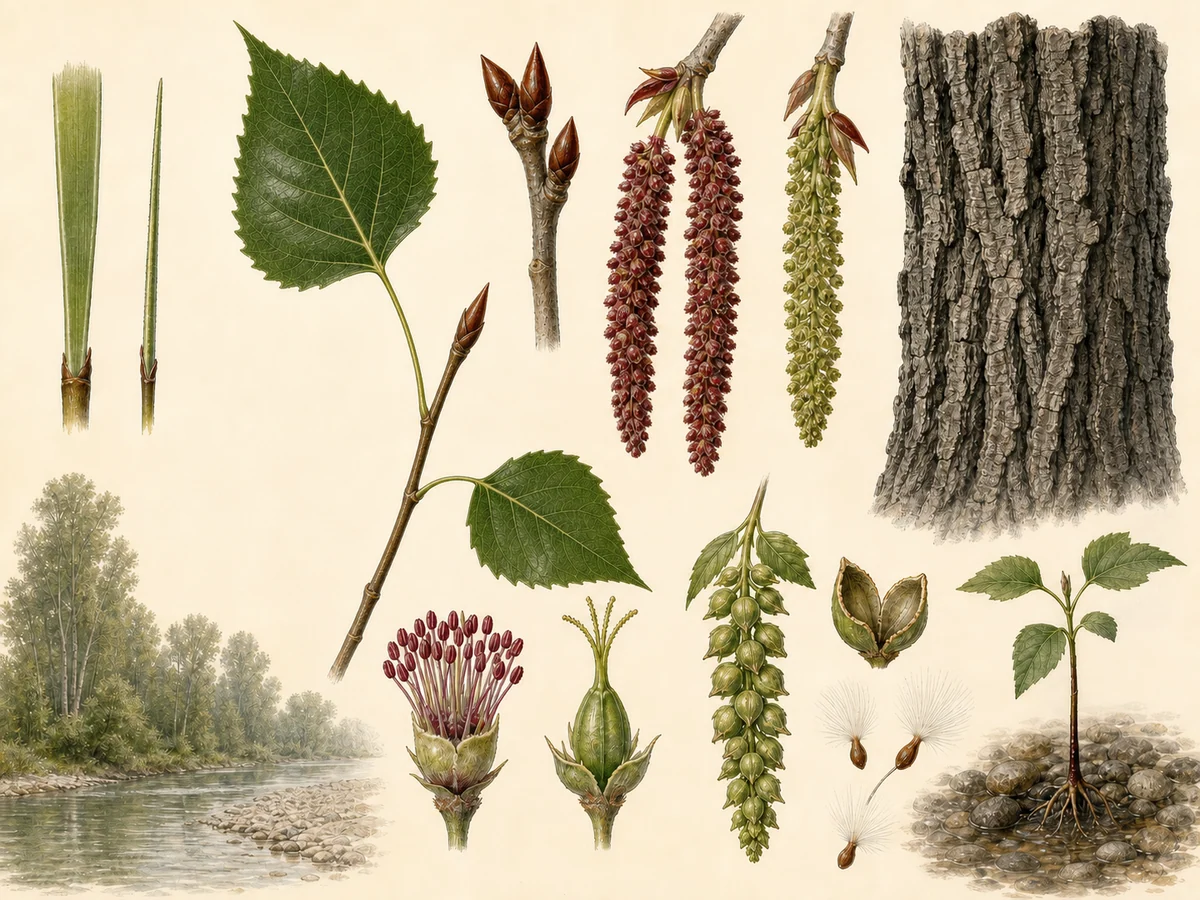 Prancha botânica complementar de Choupo-negro (Populus nigra var. nigra) com caracteres de identificação e ciclo de vida