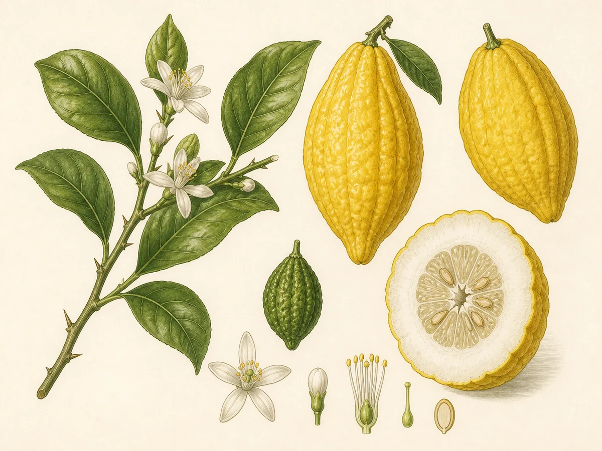 Prancha botânica complementar de Cidreira ‘Madeira’ (Citrus medica L. ‘Madeira’) com caracteres de identificação e ciclo de vida