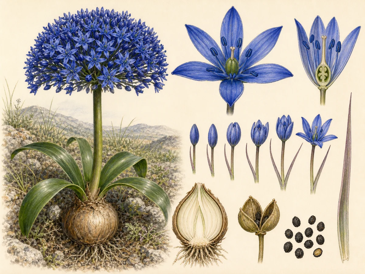 Prancha botânica complementar de Cila-do-peru (Scilla peruviana) com caracteres de identificação e ciclo de vida
