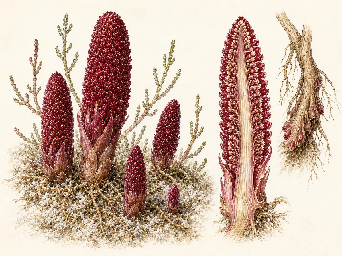 Prancha botânica complementar de Cinomório-do-Algarve (Cynomorium coccineum subsp. coccineum) com caracteres de identificação e ciclo de vida