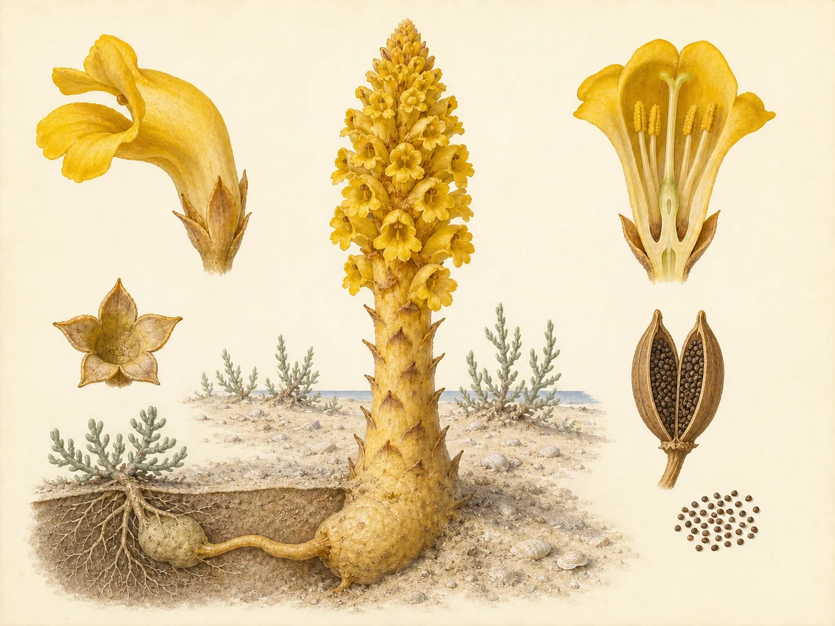 Prancha botânica complementar de Cistanche-amarela (Cistanche phelypaea) com caracteres de identificação e ciclo de vida