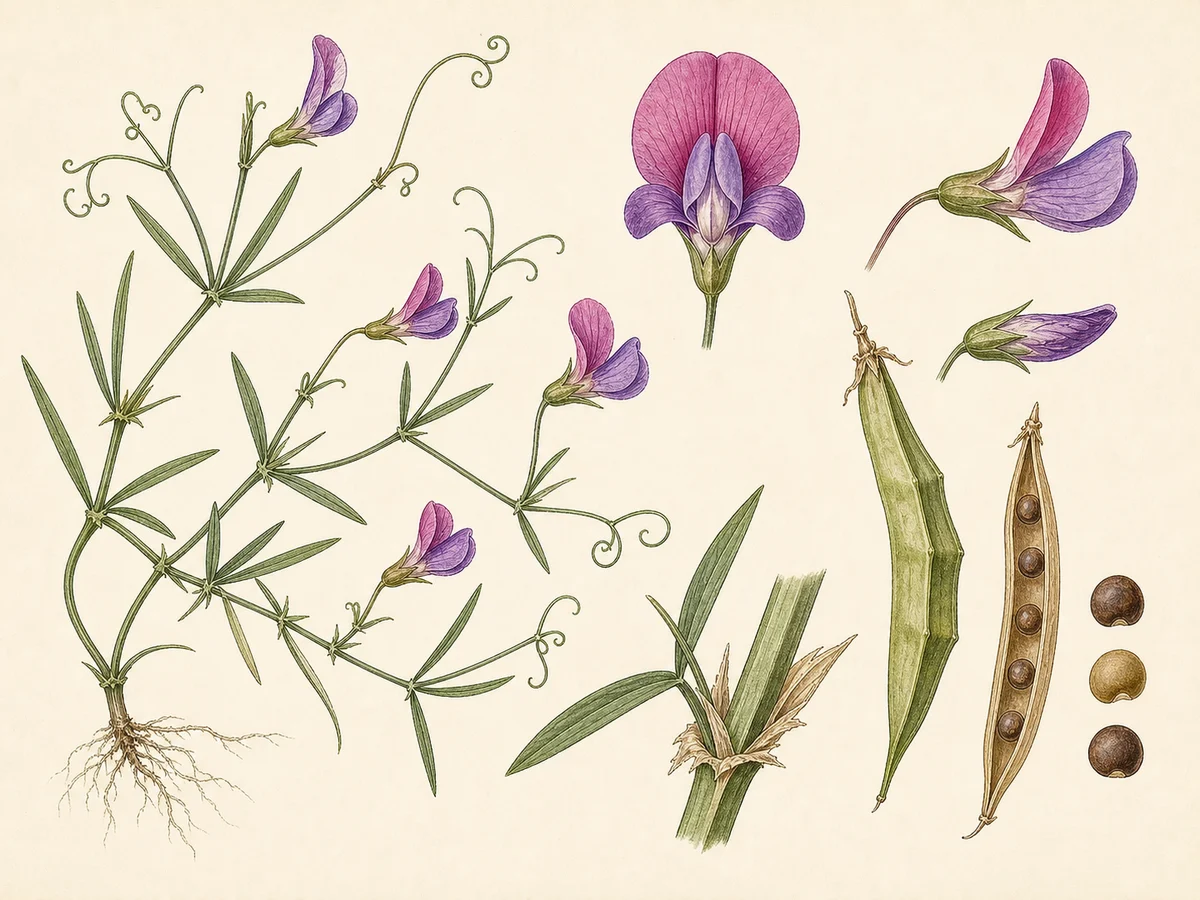 Prancha botânica complementar de Cizirão-de-folha-estreita (Lathyrus angulatus) com caracteres de identificação e ciclo de vida