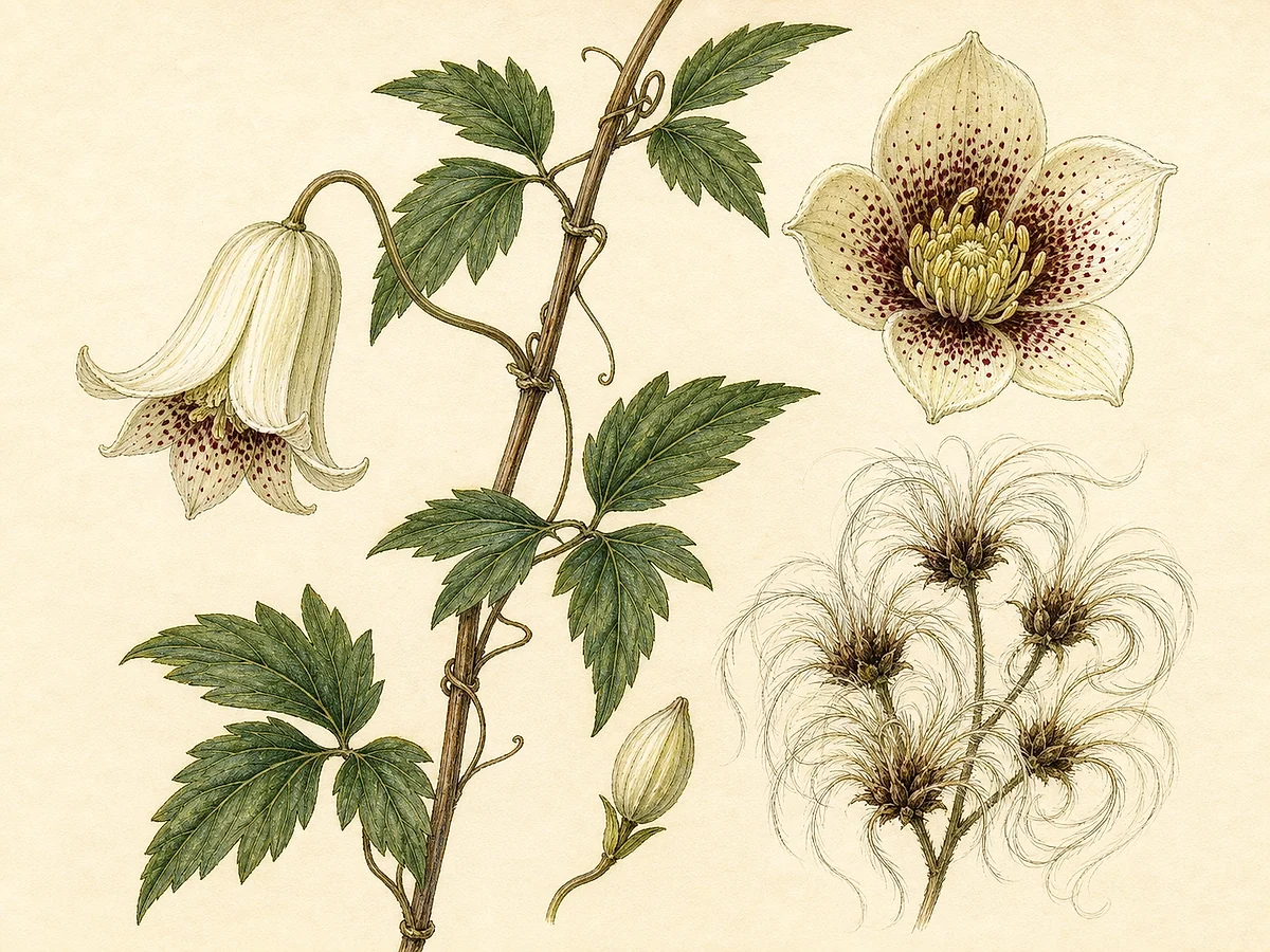 Prancha botânica complementar de Clematite-de-inverno (Clematis cirrhosa) com caracteres de identificação e ciclo de vida