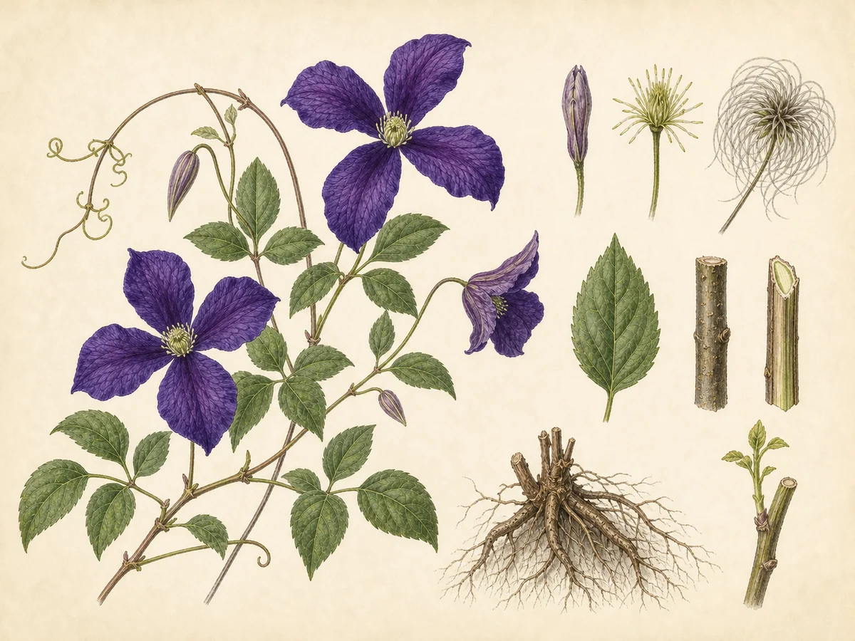 Prancha botânica complementar de Clematite 'Jackmanii' (Clematis 'Jackmanii') com caracteres de identificação e ciclo de vida