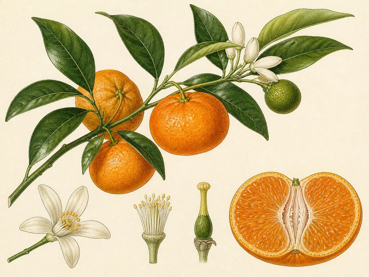 Prancha botânica complementar de Clementineira Clemenules (Citrus × clementina 'Clemenules') com caracteres de identificação e ciclo de vida