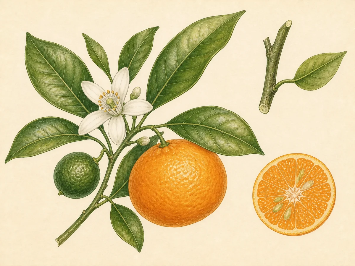 Prancha botânica complementar de Clementineira Marisol (Citrus × clementina 'Marisol') com caracteres de identificação e ciclo de vida